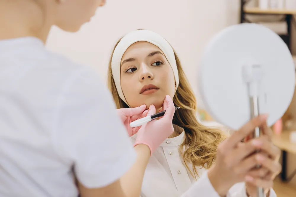 Dermatologist assessing a patient's face before Ultherapy treatment